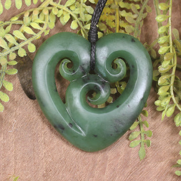 Heart with Koru carved from Hapopo Pounamu - NZ Greenstone