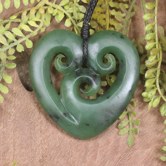 Heart with Koru carved from Hapopo Pounamu - NZ Greenstone