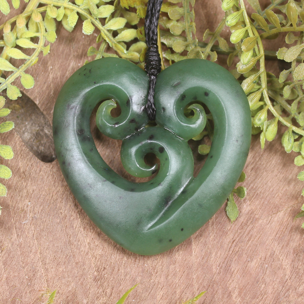 Heart with Koru carved from Hapopo Pounamu - NZ Greenstone