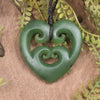 Heart with Koru carved from Hapopo Pounamu - NZ Greenstone
