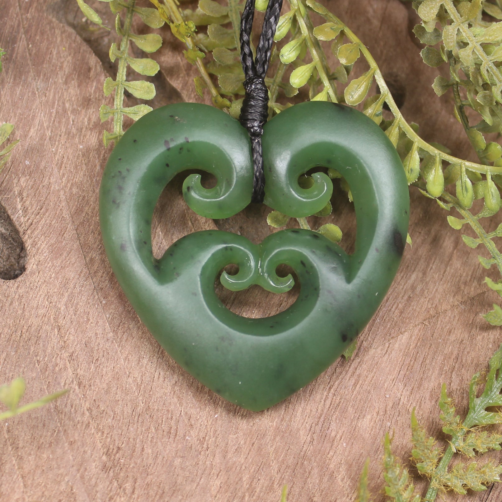 Heart with Koru carved from Hapopo Pounamu - NZ Greenstone