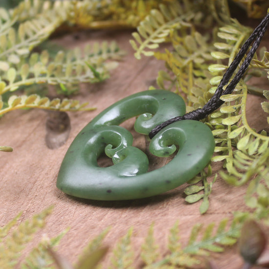 Heart with Koru carved from Hapopo Pounamu - NZ Greenstone
