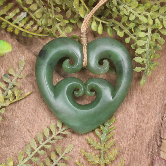 Heart with Koru carved from Hapopo Pounamu - NZ Greenstone