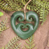Heart with Koru carved from Hapopo Pounamu - NZ Greenstone