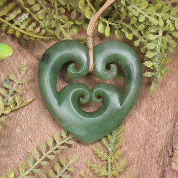 Heart with Koru carved from Hapopo Pounamu - NZ Greenstone