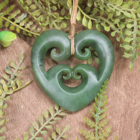 Heart with Koru carved from Hapopo Pounamu - NZ Greenstone