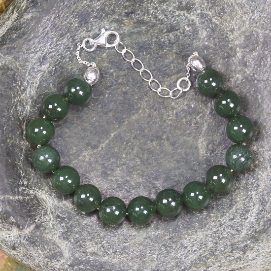 Kawakawa Pounamu Sterling Silver beaded bracelet - NZ Greenstone