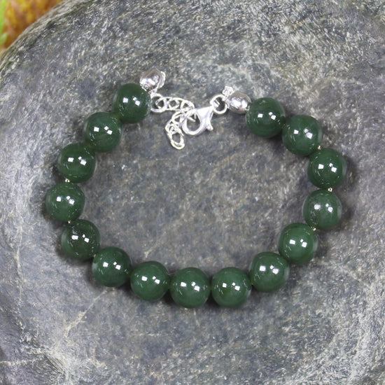 Kawakawa Pounamu Sterling Silver beaded bracelet - NZ Greenstone