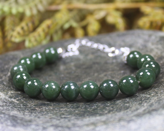 Kawakawa Pounamu Sterling Silver beaded bracelet - NZ Greenstone