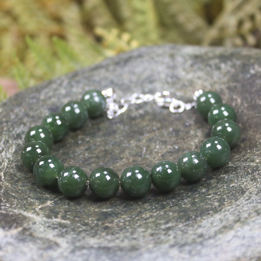 Kawakawa Pounamu Sterling Silver beaded bracelet - NZ Greenstone