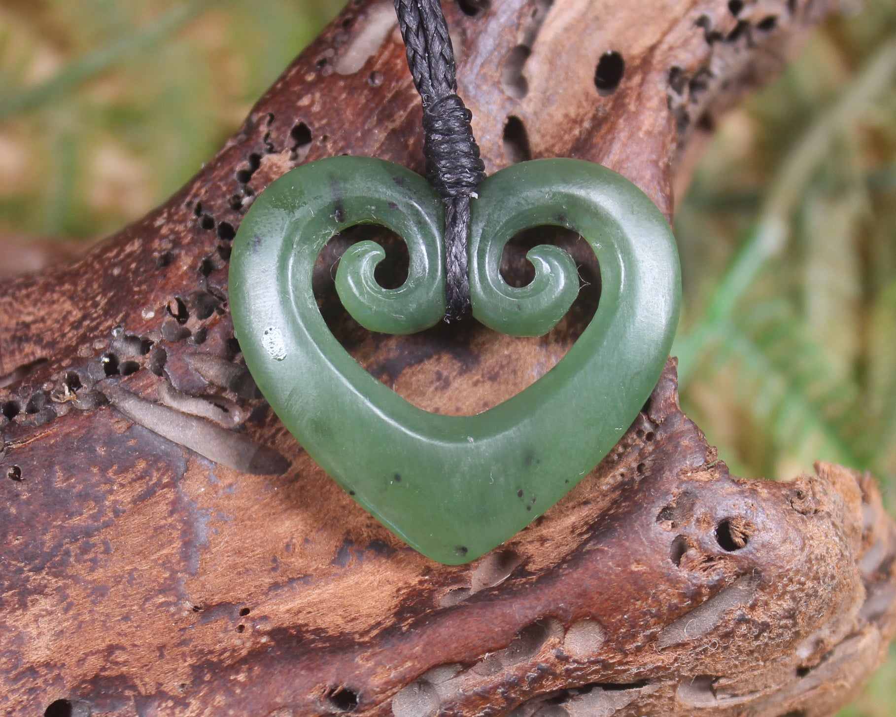 Heart with Koru carved from Hapopo Pounamu - NZ Greenstone