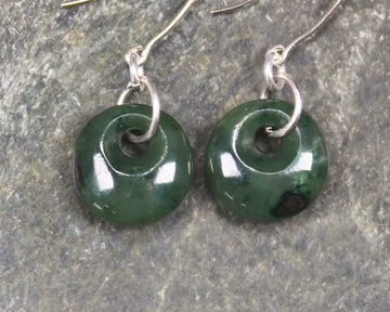 Porowhita Earrings carved from Kawakawa Pounamu - NZ Greenstone