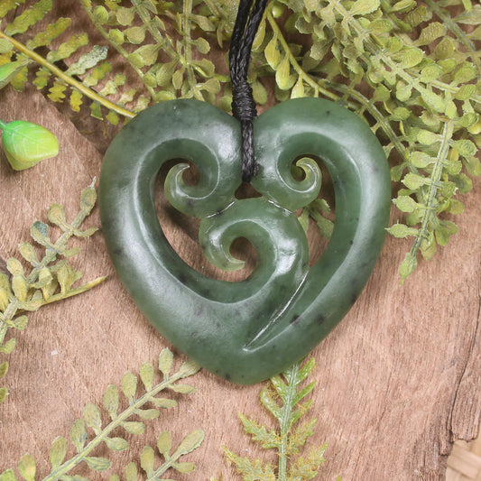 Heart with Koru carved from Hapopo Pounamu - NZ Greenstone