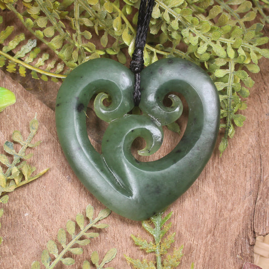 Heart with Koru carved from Hapopo Pounamu - NZ Greenstone
