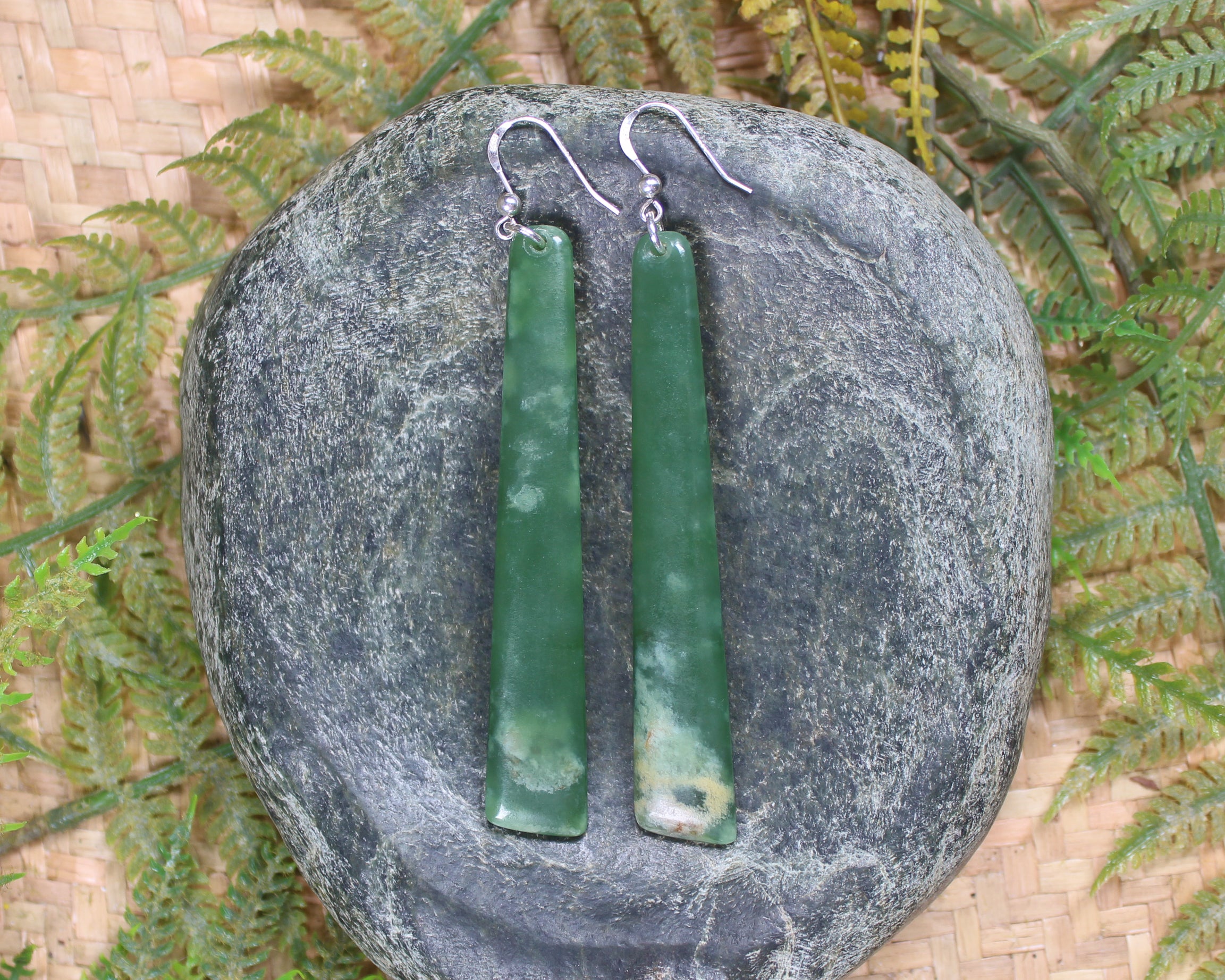 Roimata or Teardrop earrings carved from Flower Jade Pounamu - NZ Greenstone