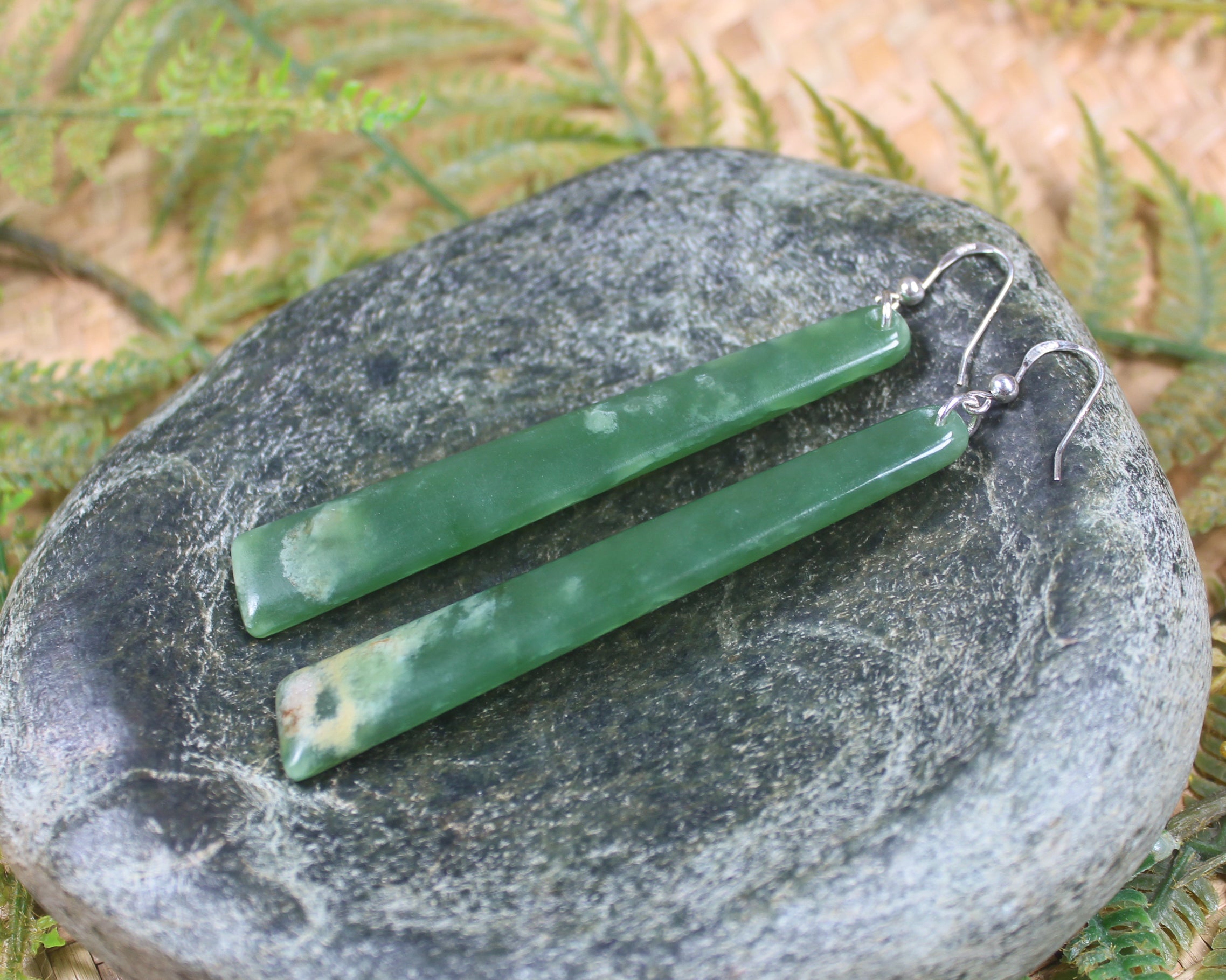 Roimata or Teardrop earrings carved from Flower Jade Pounamu - NZ Greenstone