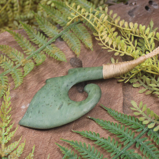 Hei Matau or Fish Hook carved from Kawakawa Pounamu - NZ Greenstone