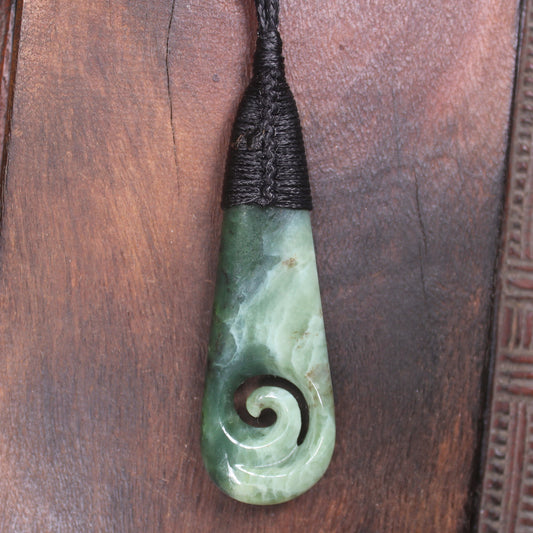 Roimata or Teardop with Koru carved from Kawakawa Pounamu - NZ Greenstone