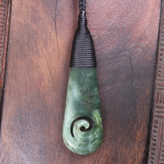Roimata or Teardop with Koru carved from Kawakawa Pounamu - NZ Greenstone