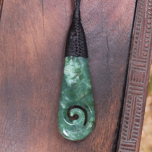 Roimata or Teardop with Koru carved from Kawakawa Pounamu - NZ Greenstone
