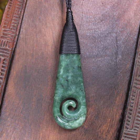 Roimata or Teardop with Koru carved from Kawakawa Pounamu - NZ Greenstone