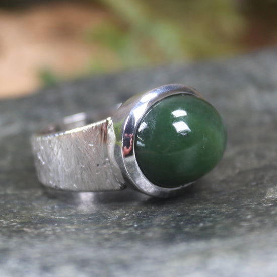 Sterling Silver Kawakawa Pounamu Ring - NZ Greenstone