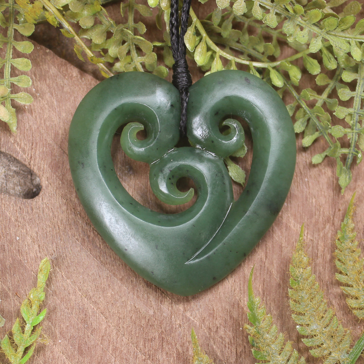 Heart with Koru carved from Hapopo Pounamu - NZ Greenstone