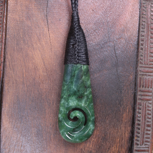 Roimata or Teardop with Koru carved from Kawakawa Pounamu - NZ Greenstone