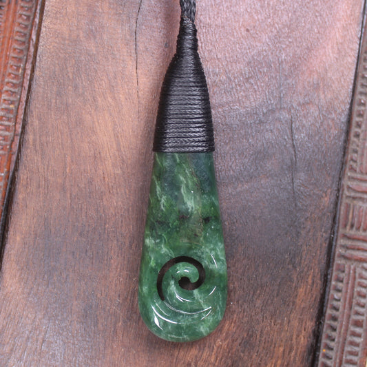 Roimata or Teardop with Koru carved from Kawakawa Pounamu - NZ Greenstone