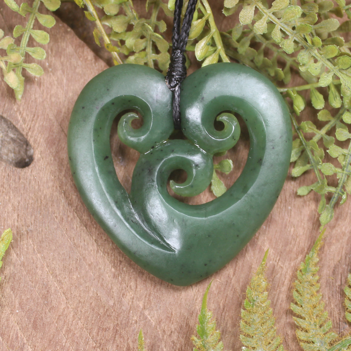 Heart with Koru carved from Hapopo Pounamu - NZ Greenstone
