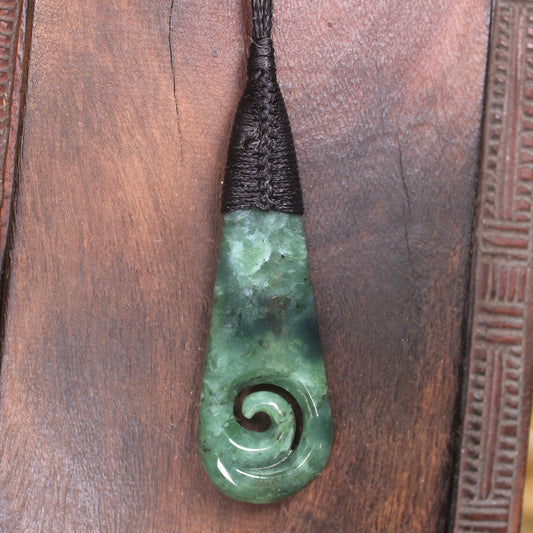 Roimata or Teardop with Koru carved from Kawakawa Pounamu - NZ Greenstone