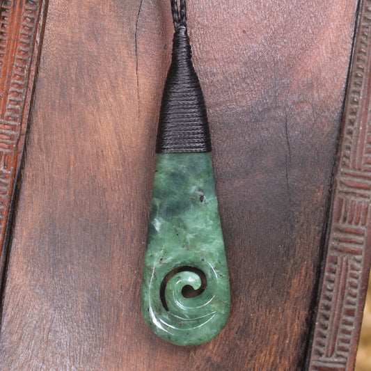 Roimata or Teardop with Koru carved from Kawakawa Pounamu - NZ Greenstone