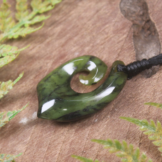 Hei Matau or Fish Hook carved from Douglas Creek Pounamu - NZ Greenstone
