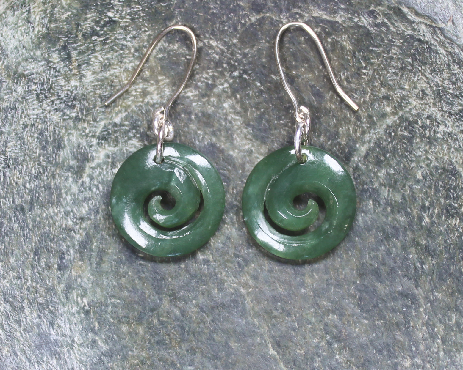 NZ Greenstone Koru Earrings (AZ452) Hapopo Pounamu