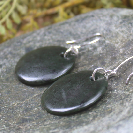 Porowhita Earrings carved from Kawakawa Pounamu - NZ Greenstone