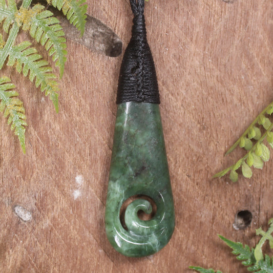 Roimata or Teardop with Koru carved from Kawakawa Pounamu - NZ Greenstone