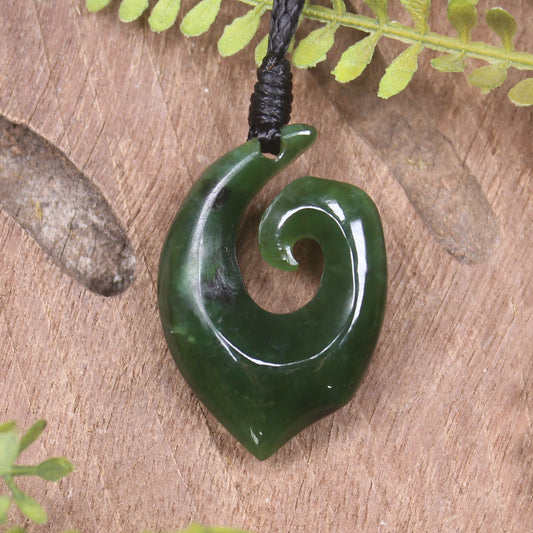 Hei Matau or Fish Hook carved from Kawakawa Pounamu - NZ Greenstone
