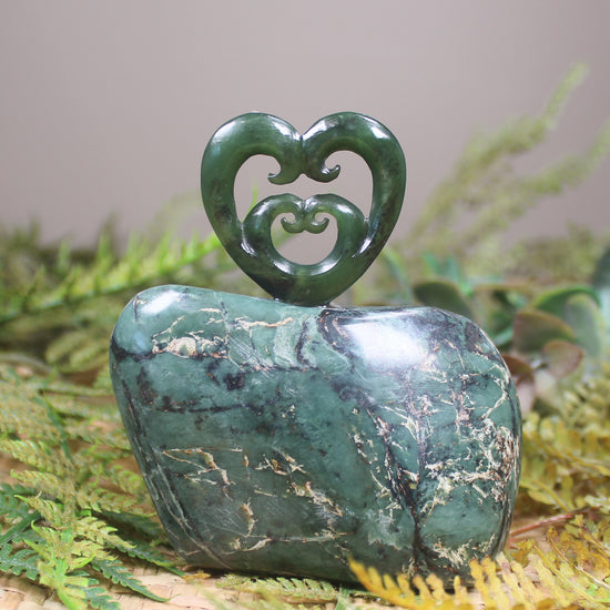 Koru heart sculpture carved from Hapopo Pounamu - NZ Greenstone