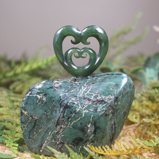 Koru heart sculpture carved from Hapopo Pounamu - NZ Greenstone