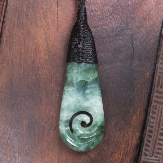 Roimata or Teardop with Koru carved from Kawakawa Pounamu - NZ Greenstone