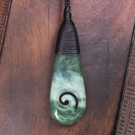 Roimata or Teardop with Koru carved from Kawakawa Pounamu - NZ Greenstone