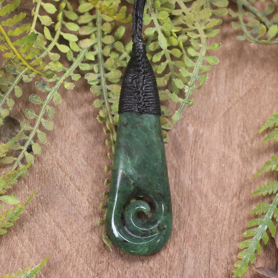 Roimata or Teardrop with Koru carved from Kawakawa Pounamu - NZ Greenstone