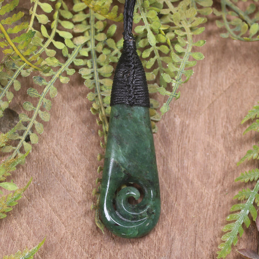 Roimata or Teardrop with Koru carved from Kawakawa Pounamu - NZ Greenstone