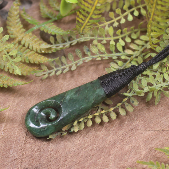 Roimata or Teardrop with Koru carved from Kawakawa Pounamu - NZ Greenstone