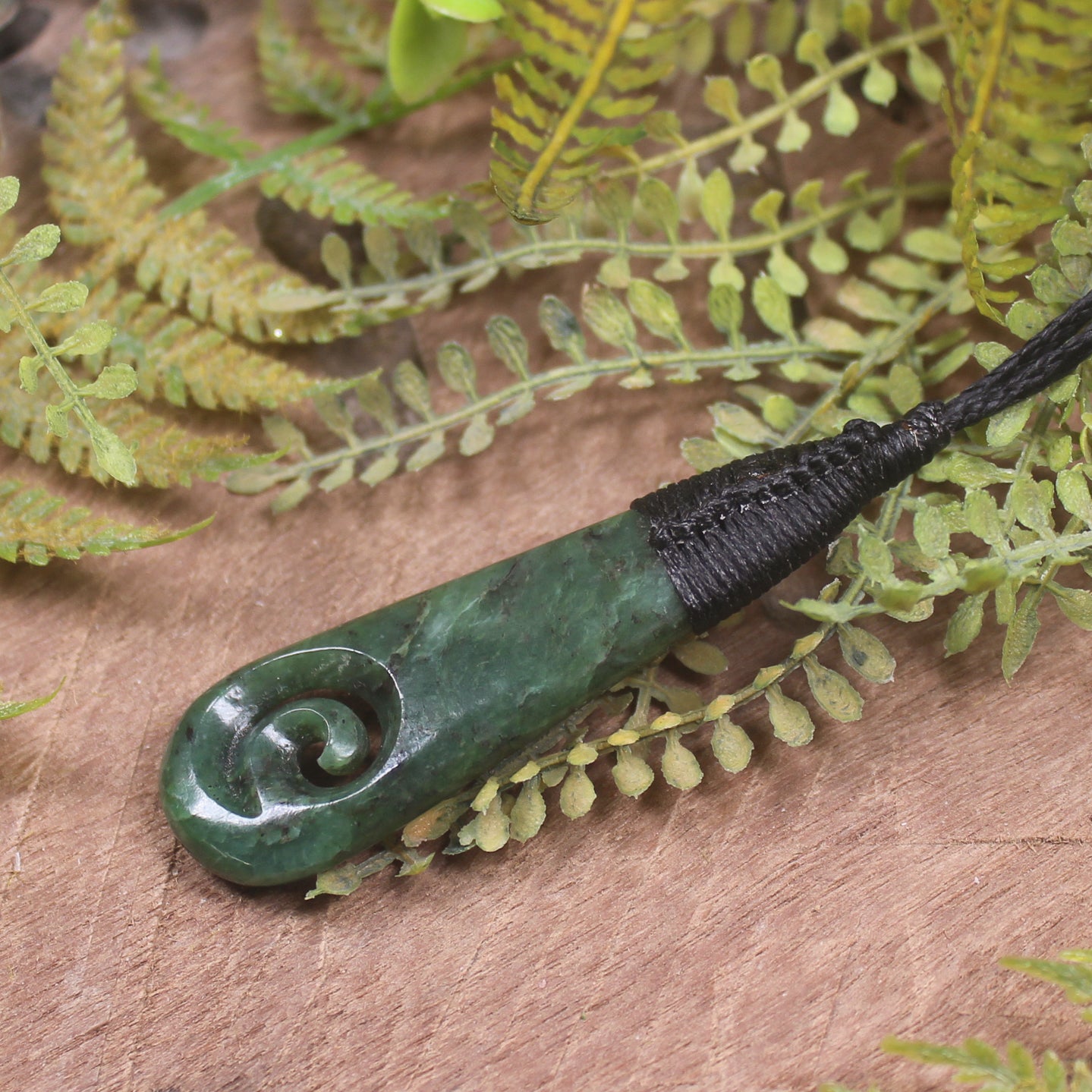 Roimata or Teardrop with Koru carved from Kawakawa Pounamu - NZ Greenstone
