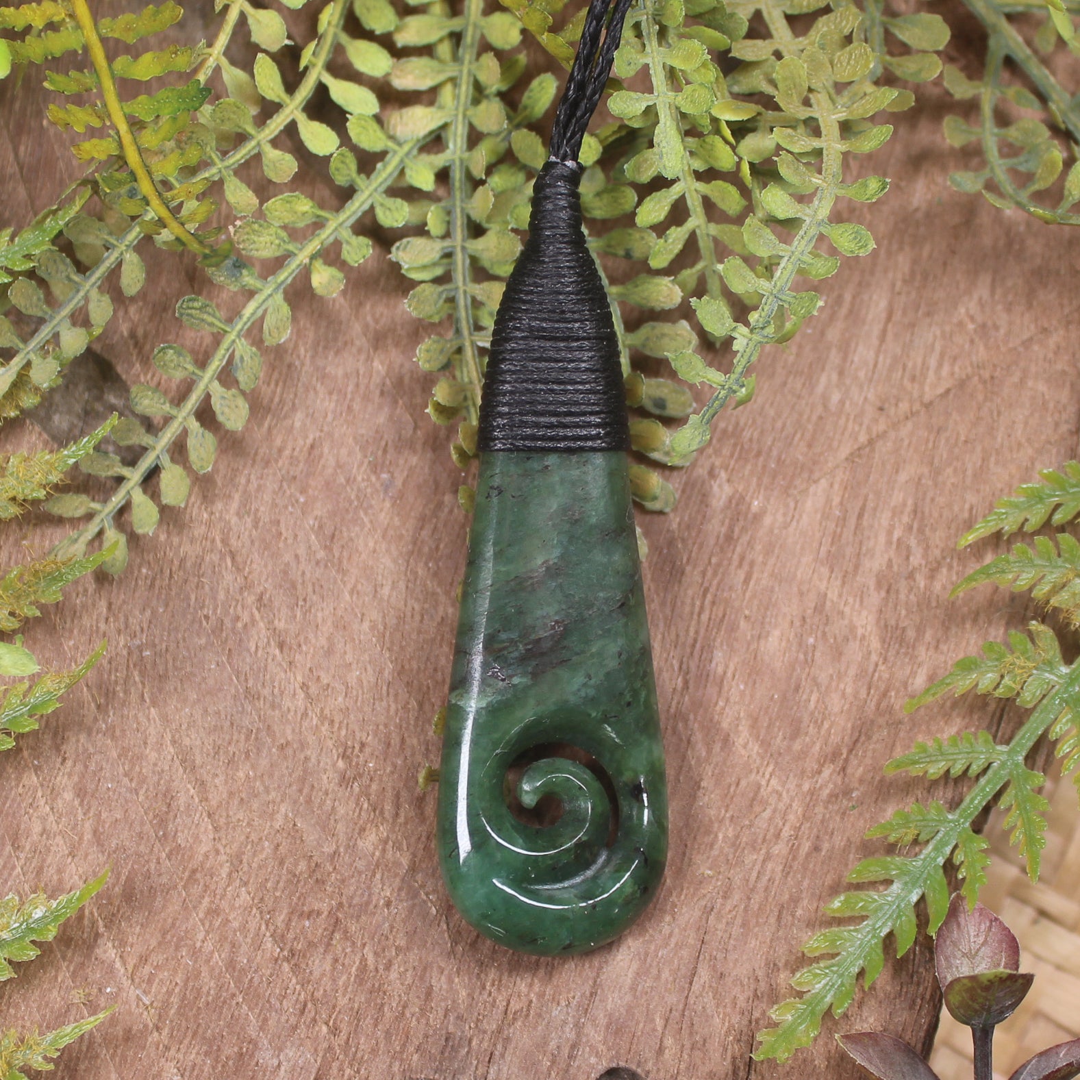 Roimata or Teardrop with Koru carved from Kawakawa Pounamu - NZ Greenstone