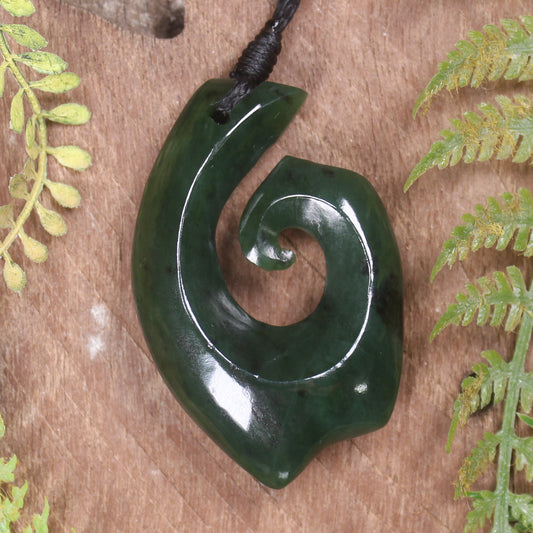 Hei Matau or Fish Hook carved from Kawakawa Pounamu - NZ Greenstone