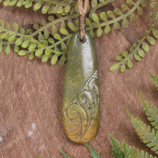 Roimata or Teardop with Koru carved from Flower Jade Pounamu - NZ Greenstone