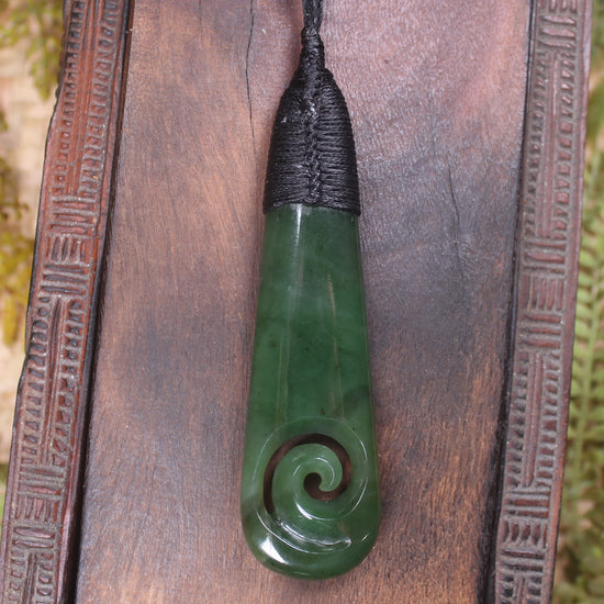 Roimata or Teardop with Koru carved from Kawakawa Pounamu - NZ Greenstone