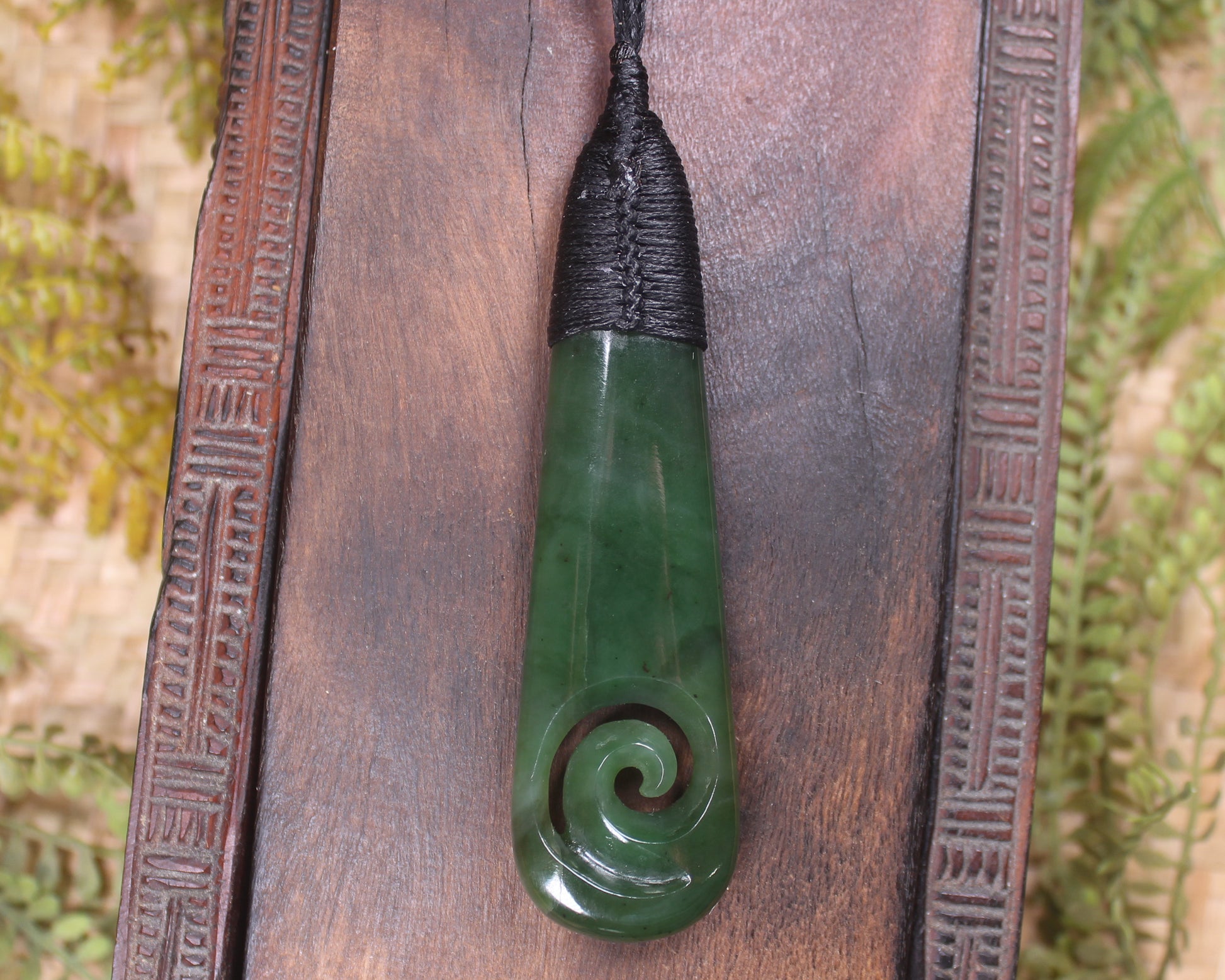 Roimata or Teardop with Koru carved from Kawakawa Pounamu - NZ Greenstone